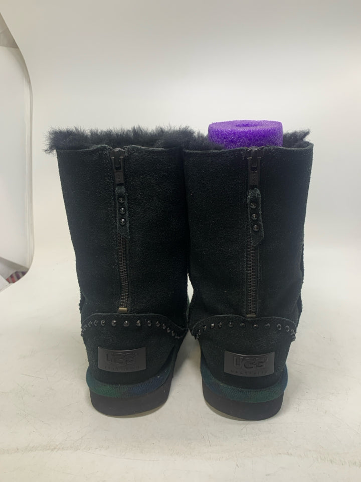 UGG Black Classic Short Rock Zip Up Boots W/ Plaid Trim