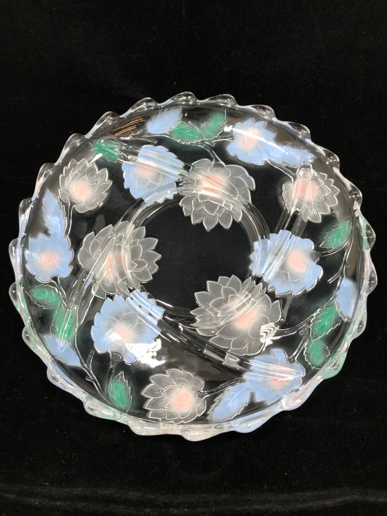 COLORED FLORAL DIVIDED GLASS PLATTER.