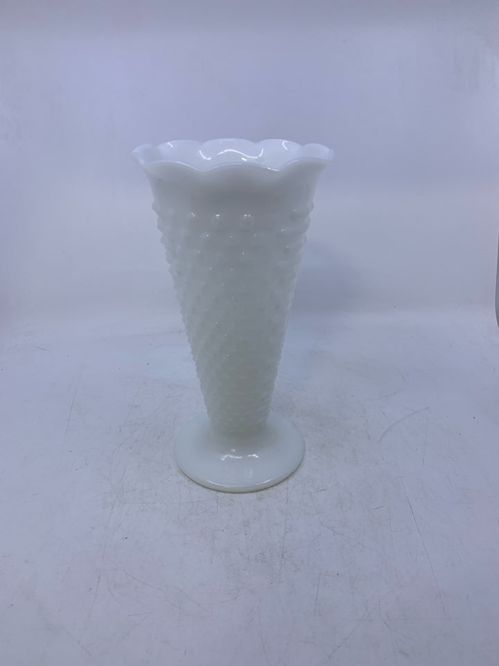FOOTED HOBNAIL MILK GLASS VASE W/ RUFFLED EDGE.