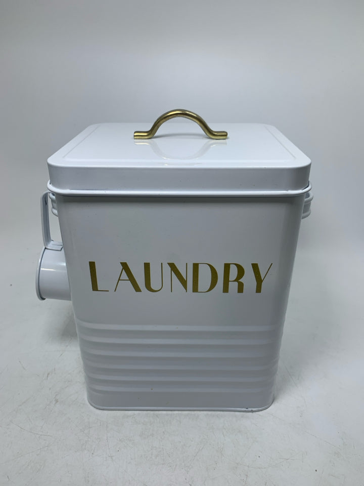 WHITE METAL LAUNDRY CONTAINER W/ SCOOP.