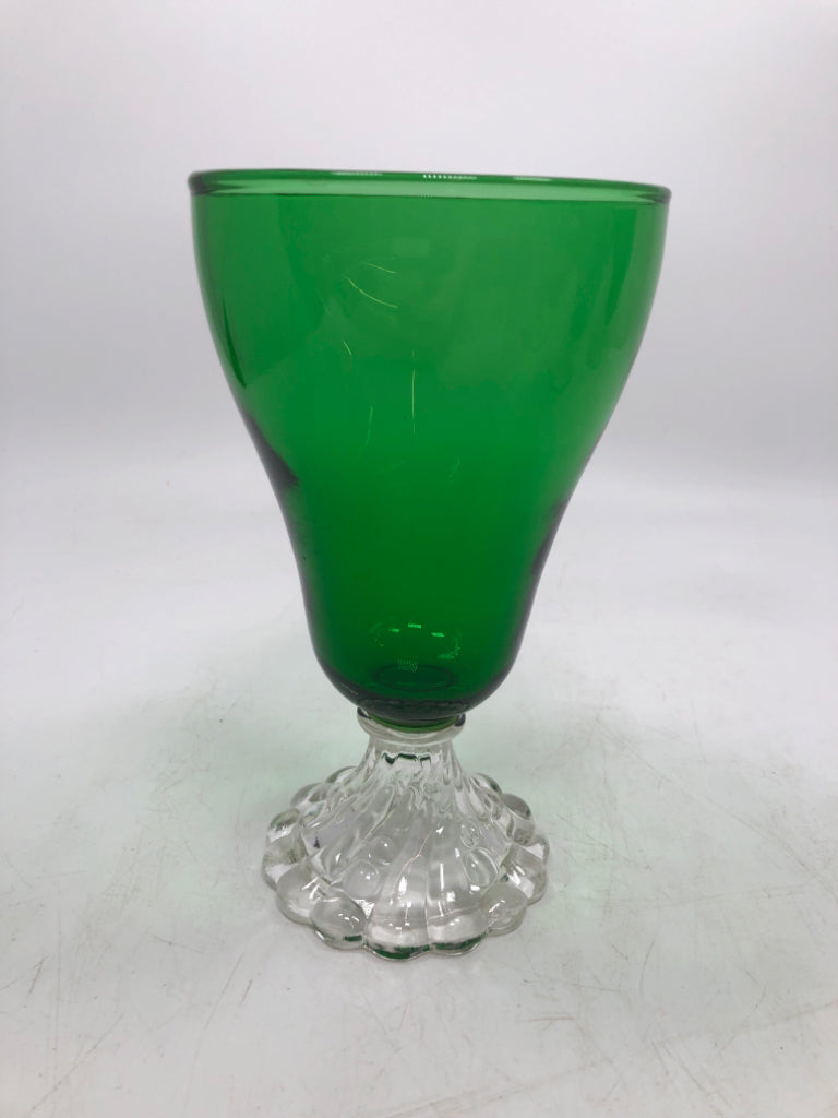8 GREEN GLASS GOBLETS W/CLEAR GLASS BUBBLE BASE.