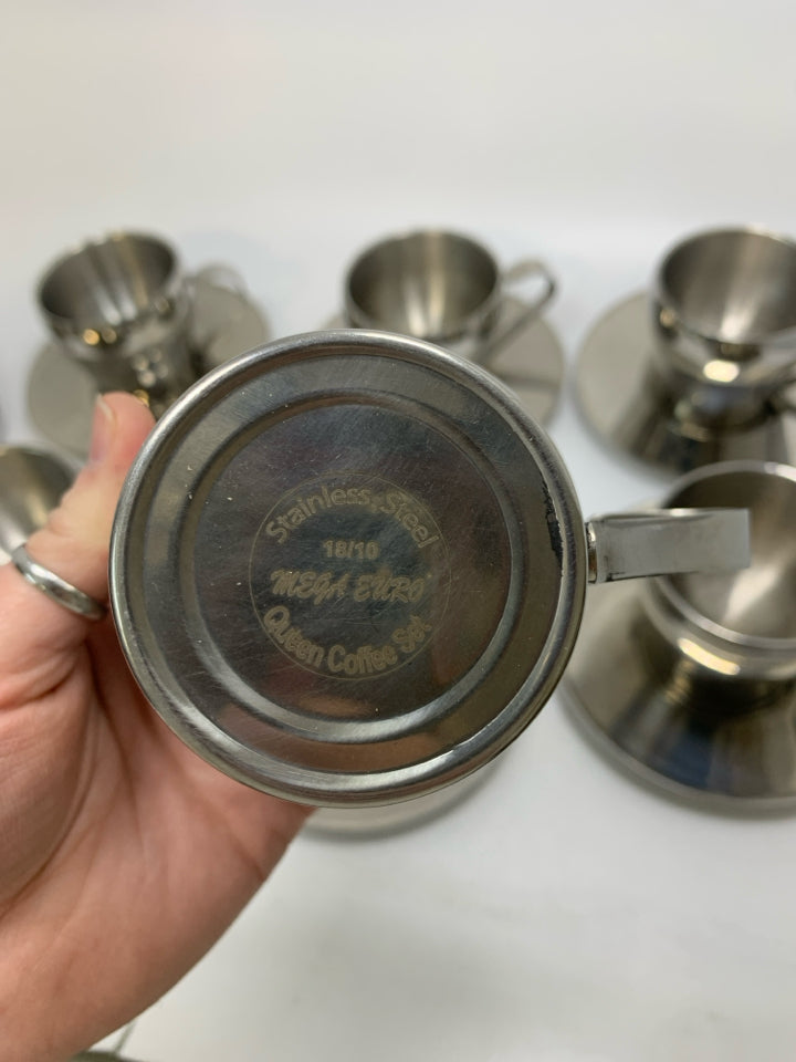 14 PC SVC 6 STAINLESS STEAL CUPS & SAUCERS W/ SUG/CREAMER MEGA EURO.