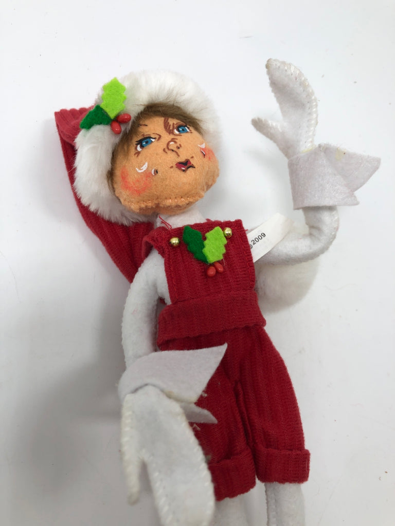 ANNALEE MINI ELF IN RED OVERALLS.