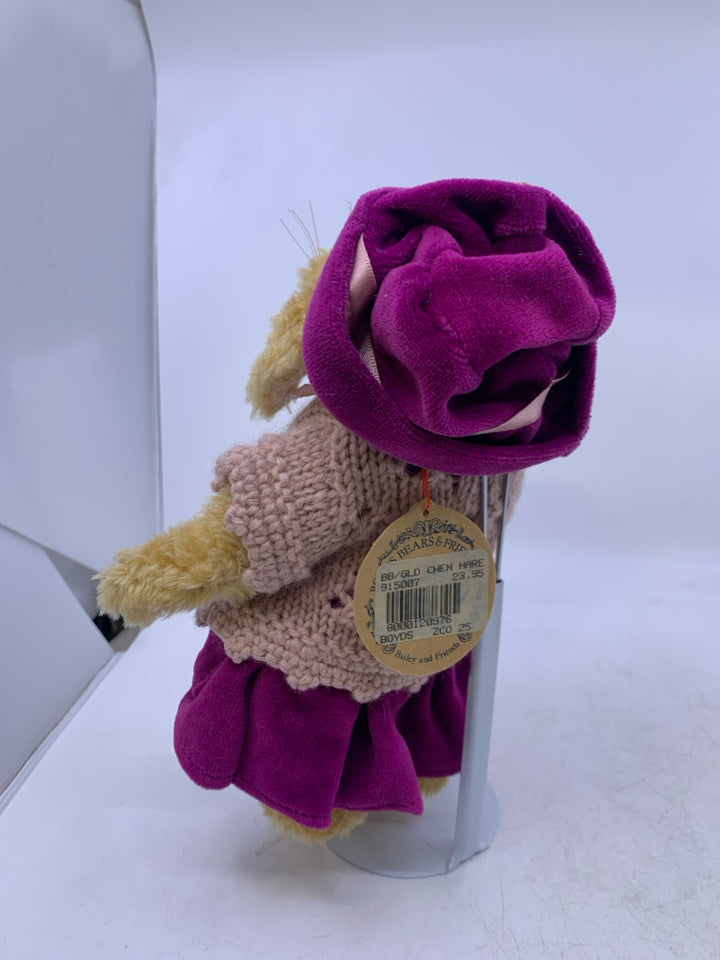 SHAG BUNNY W/DARK PINK DRESS SHORT SLEEVE SWEATER ON STAND.