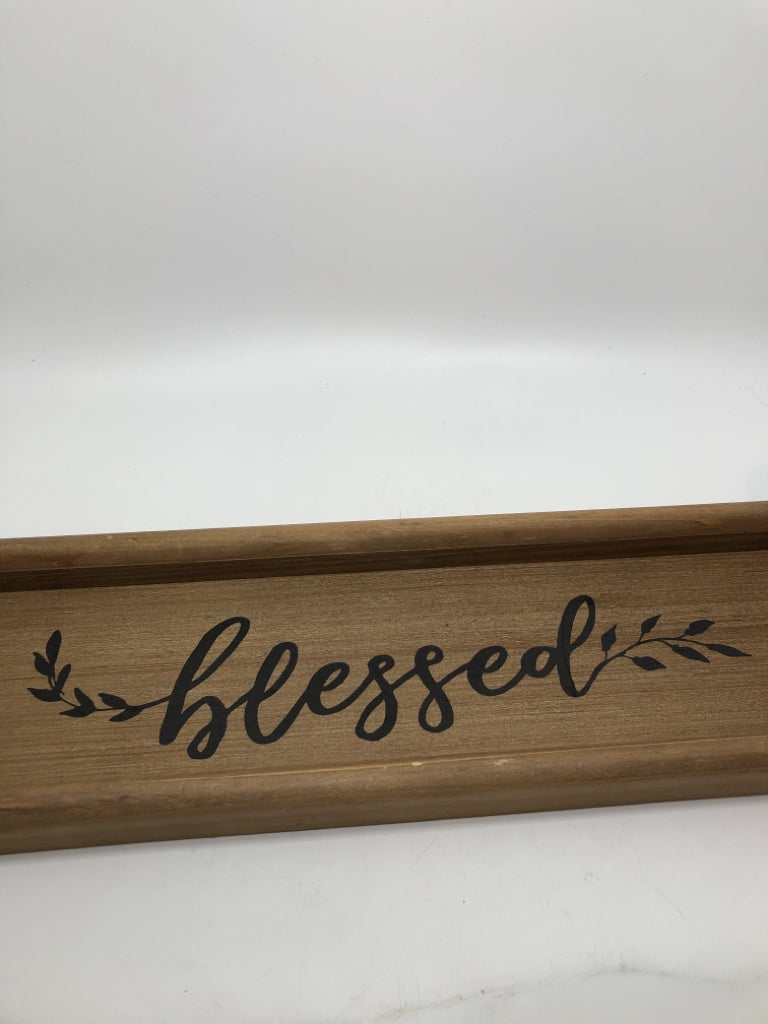"BLESSED" WOOD TRAY W/METAL HANDLES.