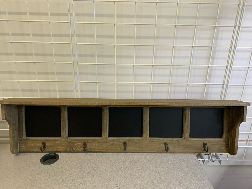 CHALKBOARD SHELF W/5 HOOKS & CHALKBOARD SLOTS WALL HANGING.