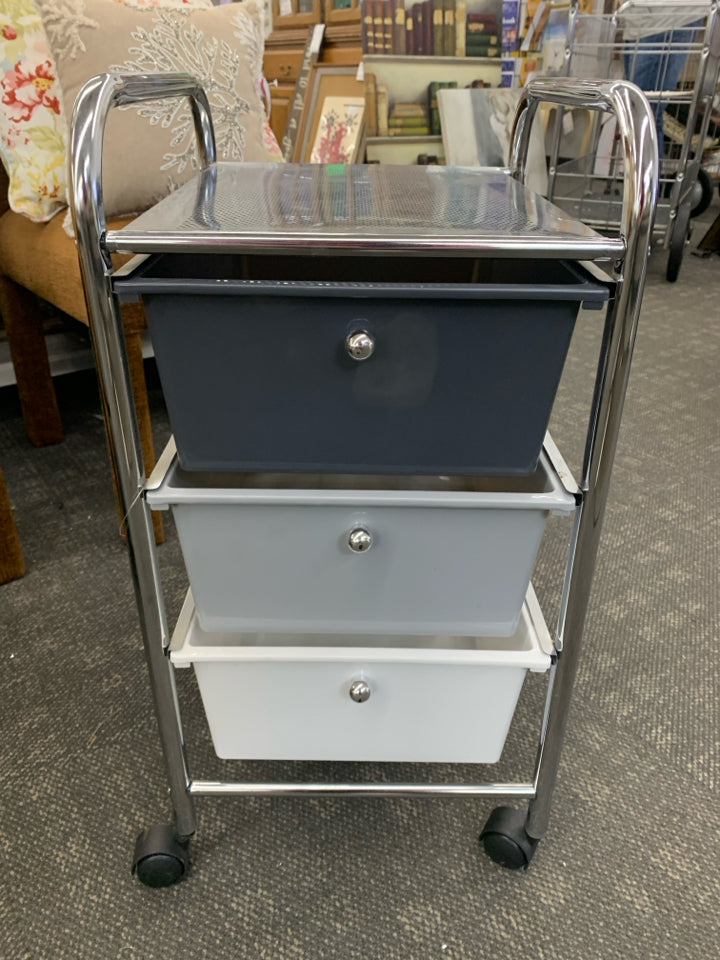 3-BIN STORAGE UNIT ON WHEELS W/GRAY&WHITE BINS.