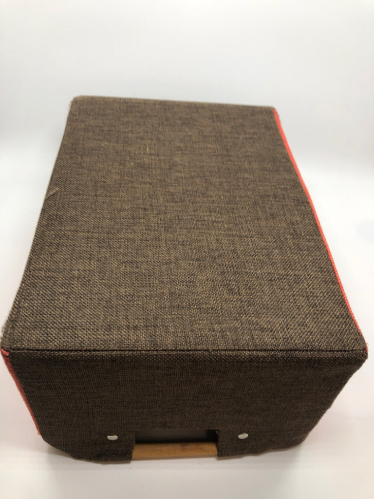 ORANGE/BROWN STORAGE BASKET W/WOOD HANDLES.
