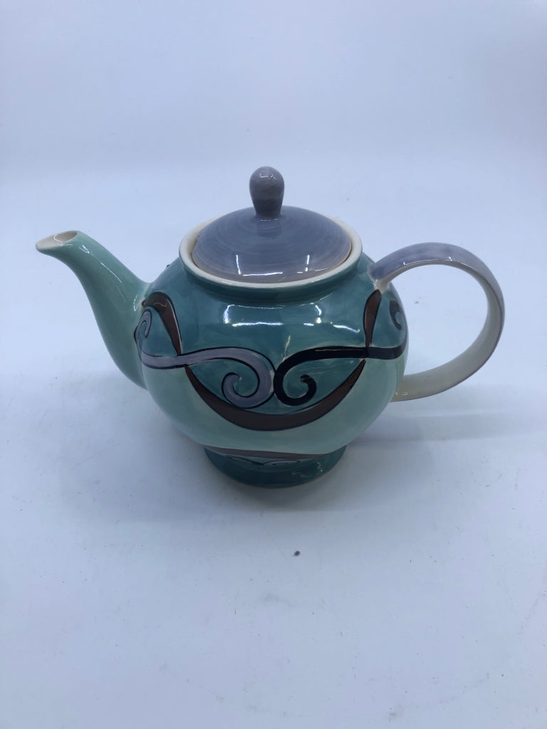 TEAL TEAPOT W/PURPLE PAINTED LID.