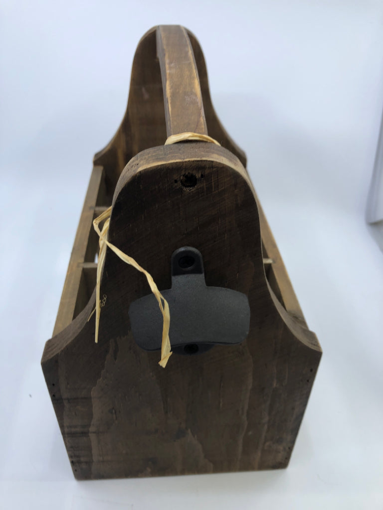 WOOD BOTTLE CARRYING CRATE W BOTTLE OPENER.