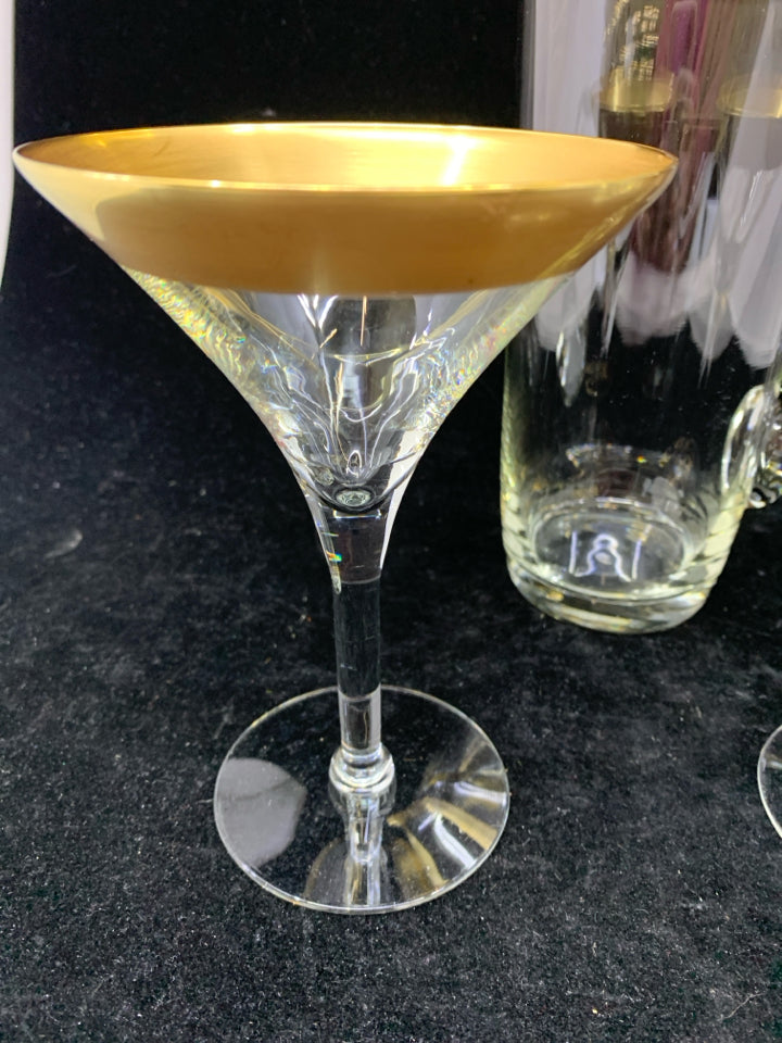 3PC GOLD RIM MARTINI SERVING SET- 2 GLASSES, 1 PITCHER.