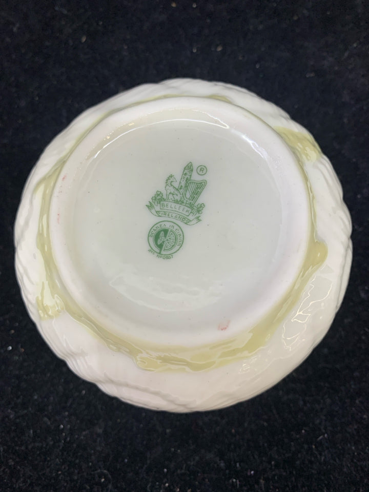 IVORY SHORT BOWL W/ EMBOSSED SWIRL SHELL DESIGN BELLEEK.