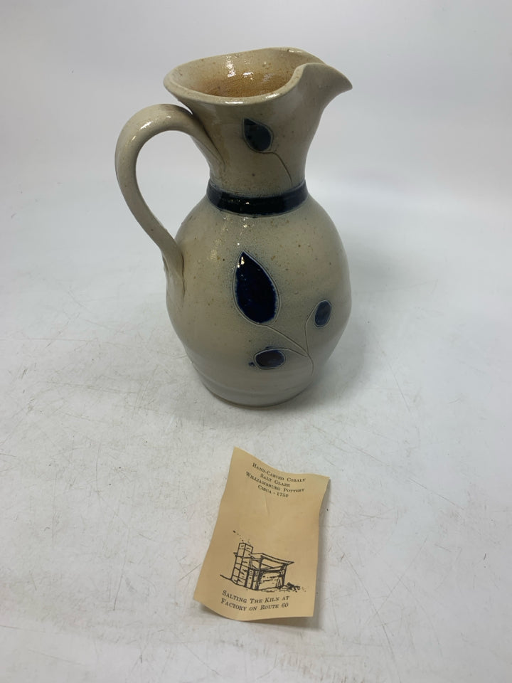 SALT GLAZE PITCHER W/ DARK BLUE DETAILS.