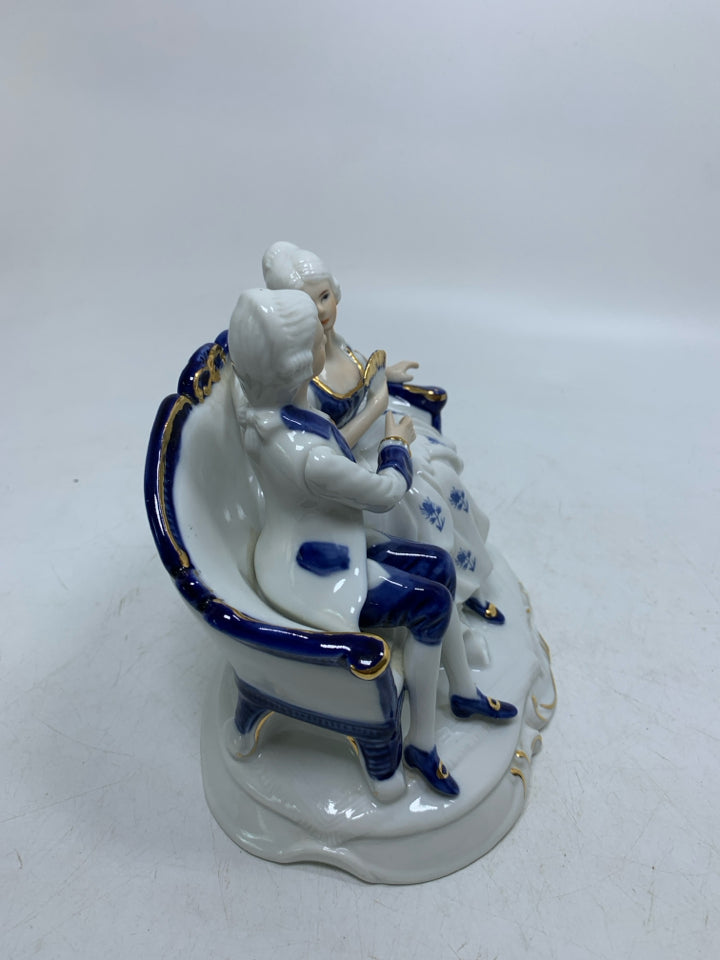 VICTORIAN MAN/WOMAN SITTING ON COACH BLUE/WHITE.