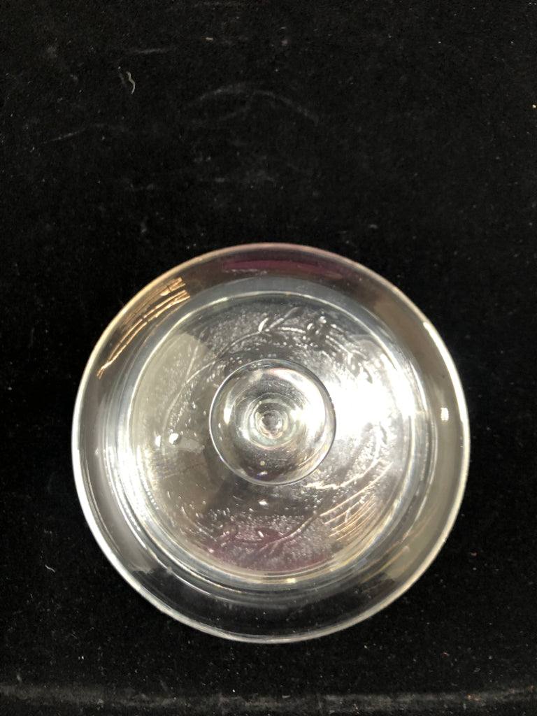 GLASS ETCHED COVERED BUTTER DISH.