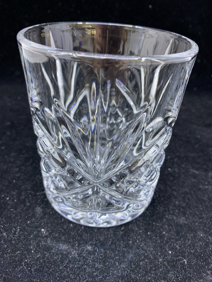 4 ETCHED GLASS CRYSTAL DOUBLE OLD FASHIONED GLASSES.