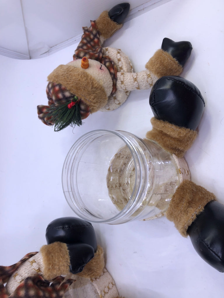 2 PC PLUSH SNOWMAN SITTING CANISTERS W/ PLAID SCARF+HAT.