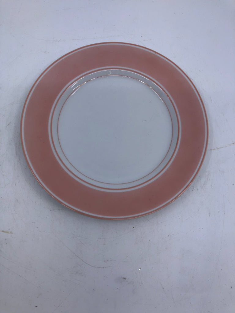 6 PEACH RIM LUNCH PLATES.
