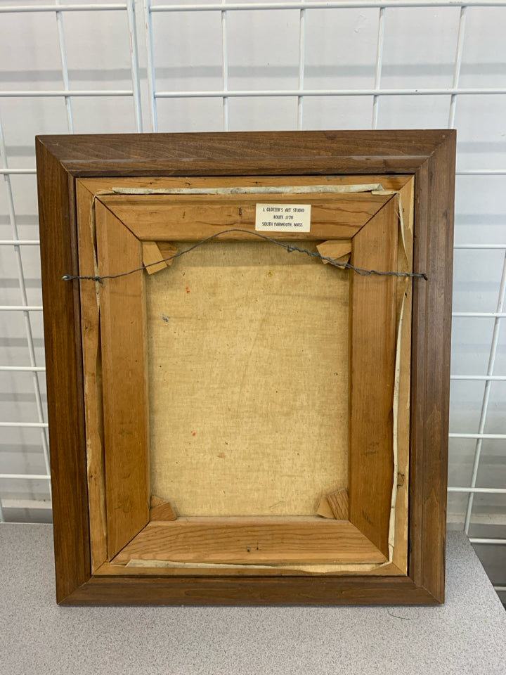 VTG TEXTURED HORSE AND CARRIAGE PRINT IN BROWN FRAME.
