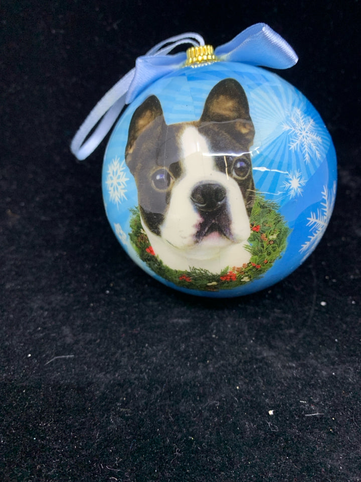 FRENCHIE ORNAMENT, BLUE BALL SNOWFLAKES.