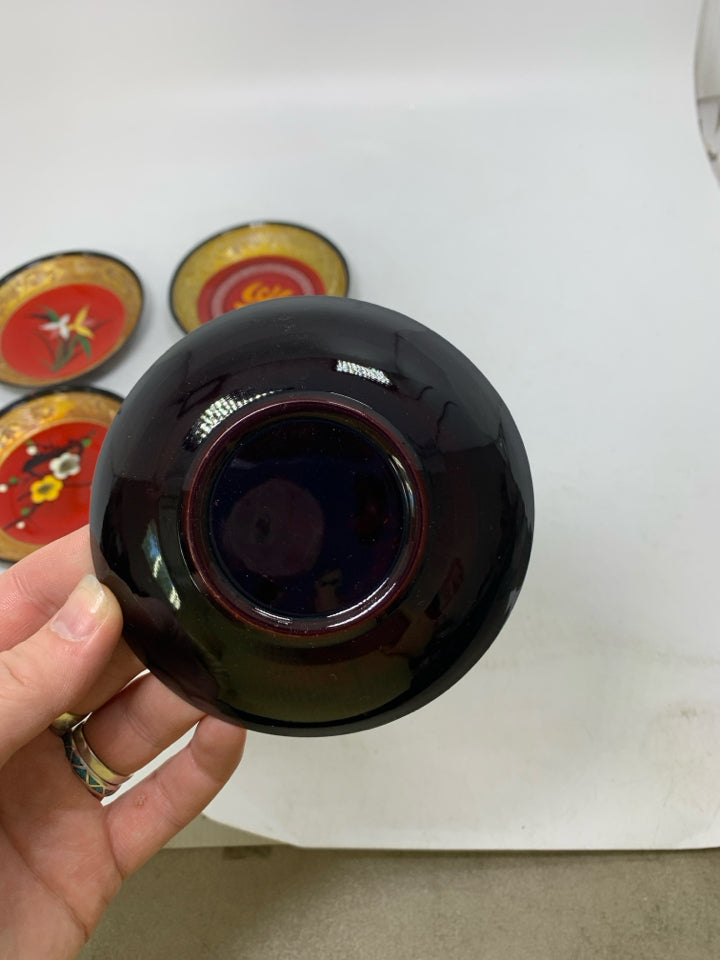 5 PLASTIC RED/GOLD PAITNED SOY SAUCE BOWLS W/ FLOWERS.