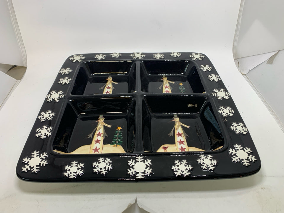 LARGE BLACK DIVIDED PLATTER W/ PRIMITIVE STYLE SNOWFLAKES & SNOWMEN.