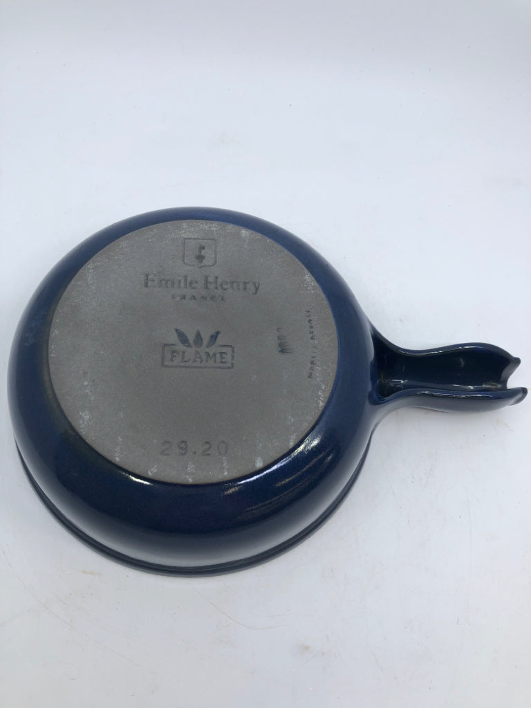 DARK BLUE POTTERY FONDUE SET + FORKS.