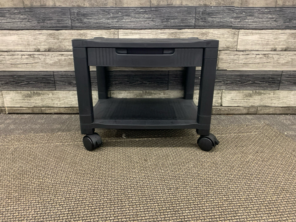 BLACK PLASTIC 2 TIER ROLLING CART W/ SMALL DRAWER.