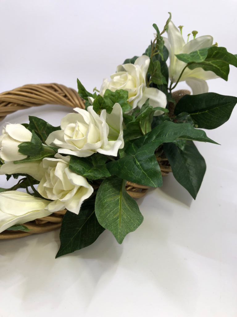 WOODEN HEART WREATH W/WHITE FLOWERS.
