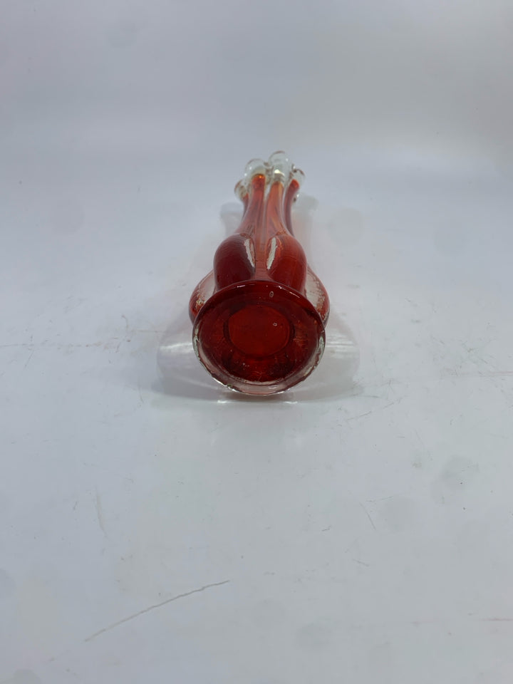 RED GLASS NARROW BUD VASE W/RUFFLE EDGE.