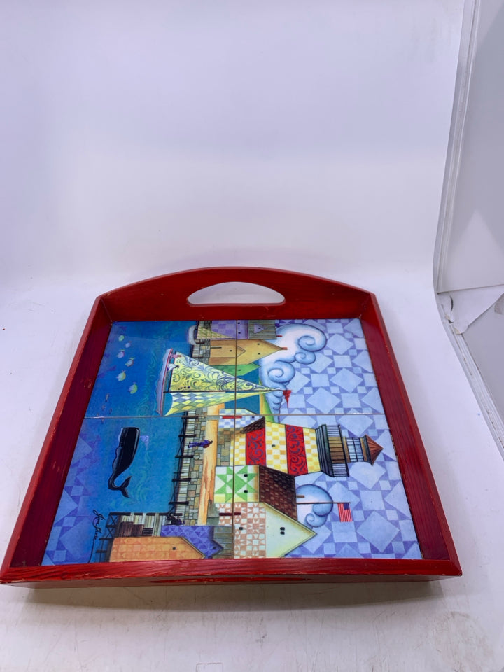 RED WOOD OUTSIDE W/ TILE BOARD WALK SCENE SAIL BOAT WHALE.