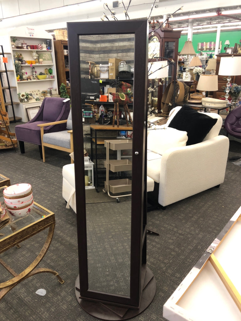 DRK WOOD SWIVEL MIRROR W/JEWELRY STORAGE, SHELF STORAGE.