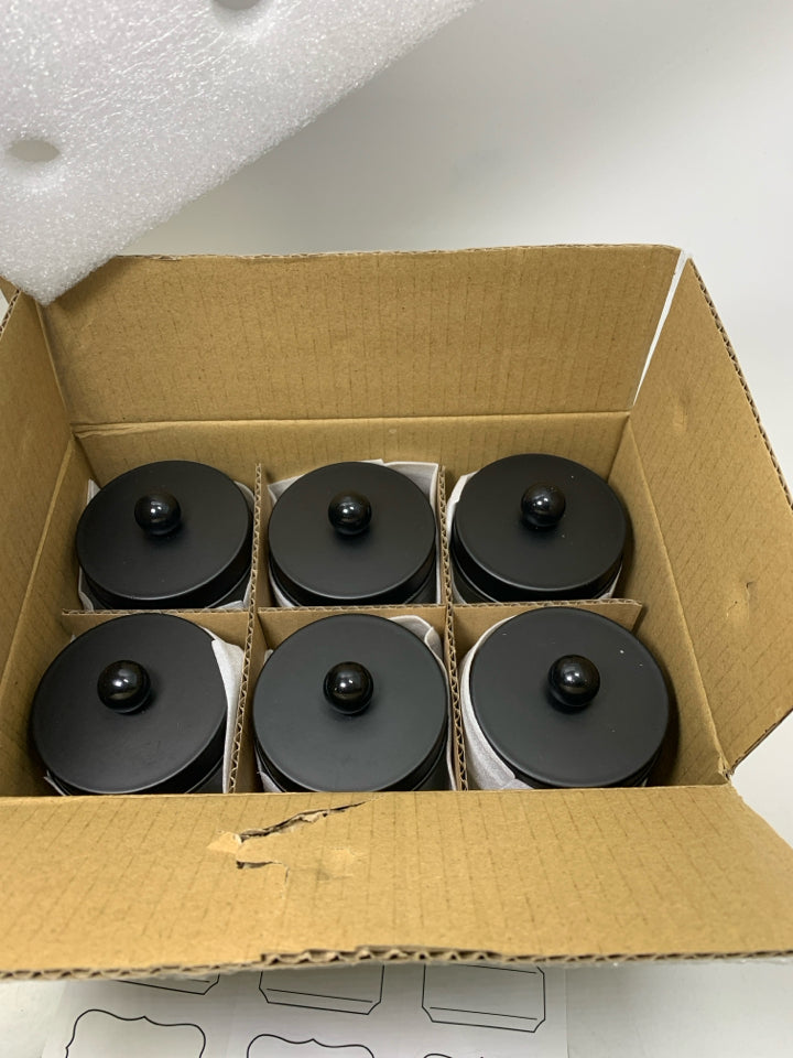 NIB 6 SMALL APOTHECARY JARS W/ BLACK LIDS.