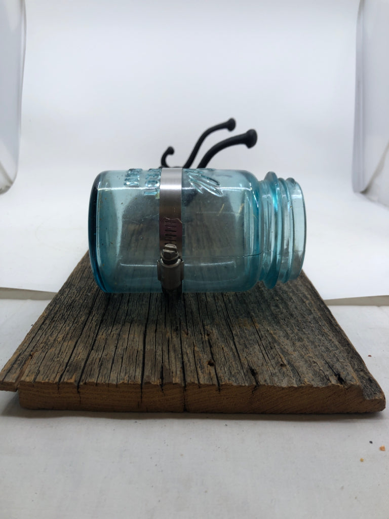 RECLAIMED WOOD 2 HOOKS + BLUE MASON JAR.