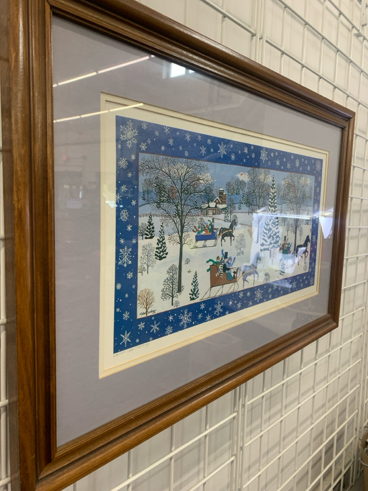 WINTER SCENE HORSES PULLING SLAYS WALL ART.