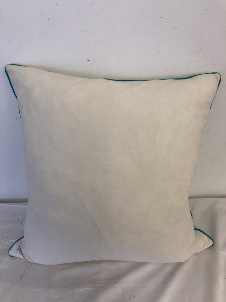 LARGE TEAL AND WHITE SQUARE PILLOW.