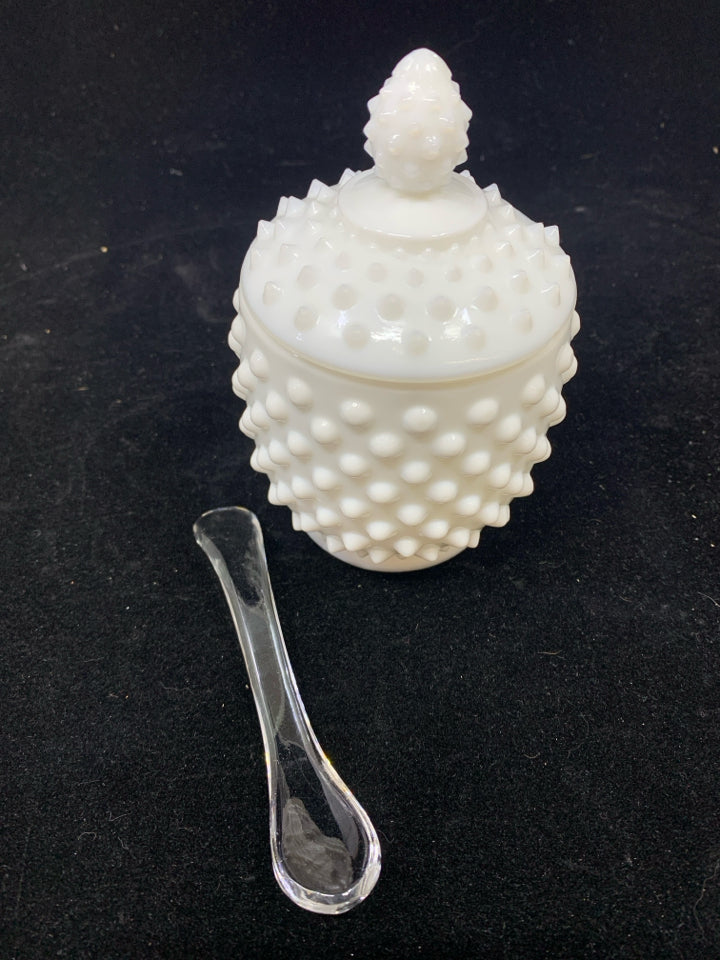 VTG MILK GLASS JAM/JELLY JAR W/LID & SPOON.