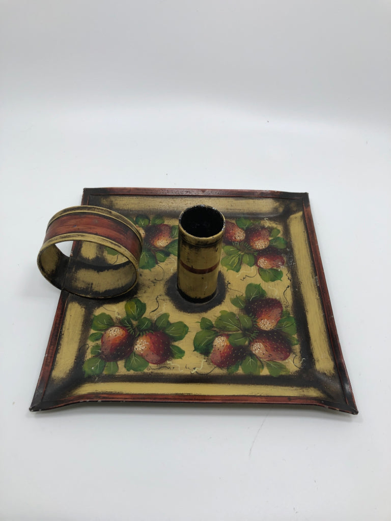 STRAWBERRIES PAINTED METAL CANDLESTICK HOLDER.