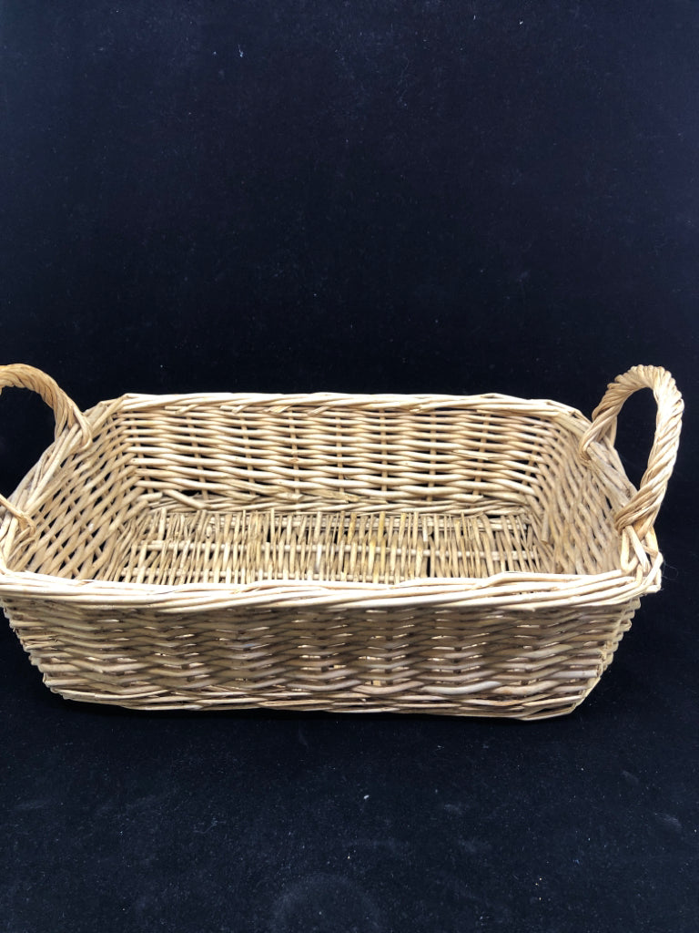 BLONDE RECTANGLE WICKER BASKET W HANDLES.