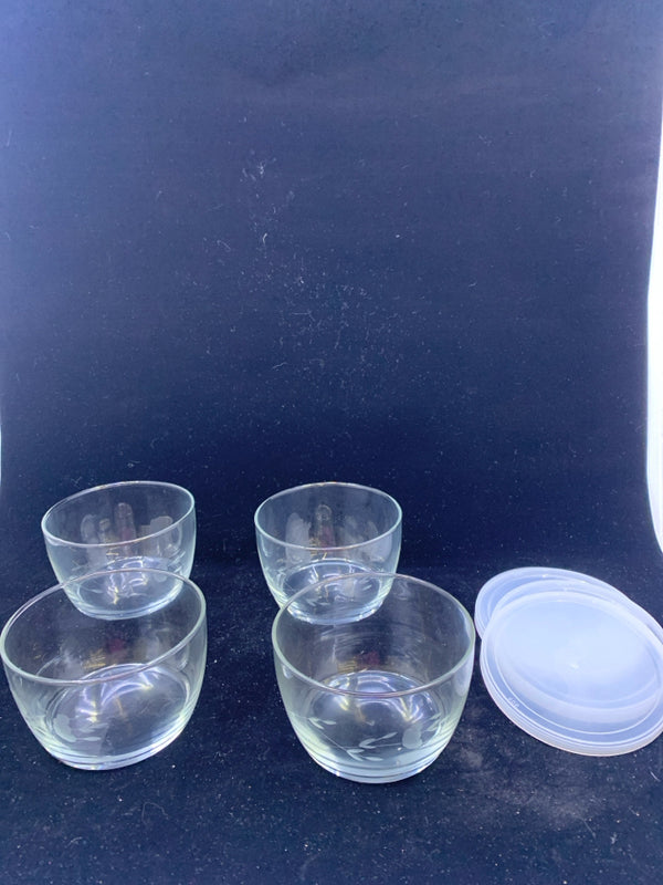 4 ETCHED FLOWER GLASS BOWLS WITH LIDS.
