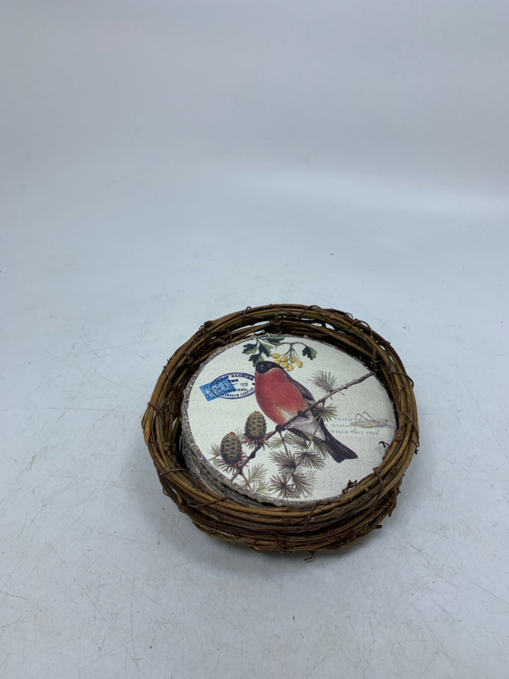 8 PAPER BIRD COASTERS IN BIRDS NEST HOLDER.