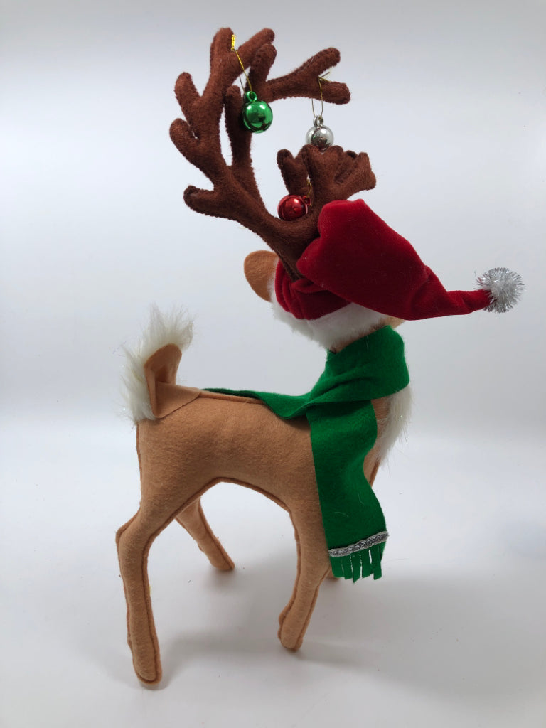 ANNALEE REINDEER W/ SANTA HAT & GREEN SCARF.