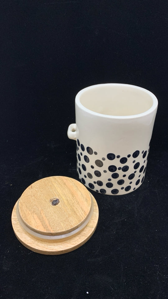 CERAMIC FACE PAINTED CANISTER W/BAMBOO LID.