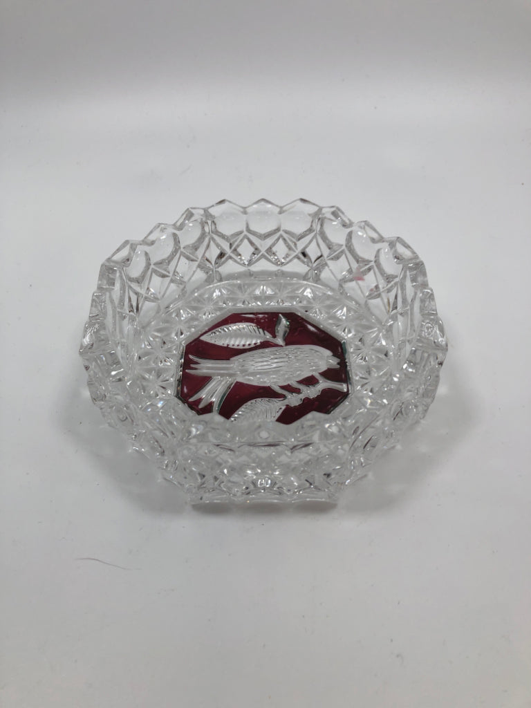 CLEAR CRYSTAL ASHTRAY RED BOTTOM BIRD.