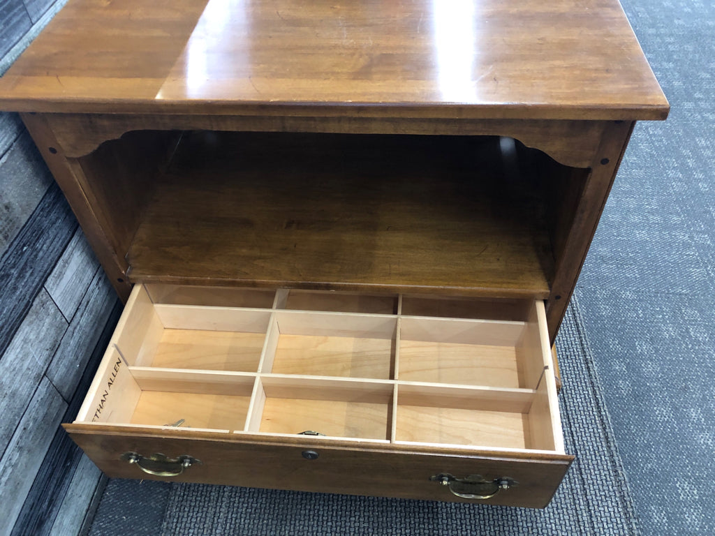 WOOD SIDE TABLE W/ DRAWER- LOCKABLE & CUBBY ETHAN ALLEN HAS KEYS.