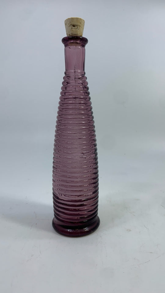 PURPLE GLASS RIBBED BOTTLE W/CORK.
