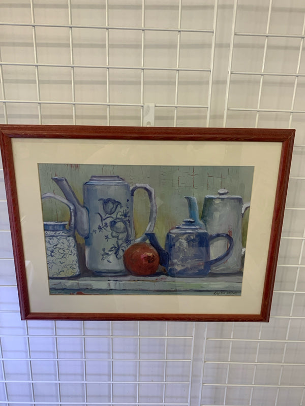 FRAMED TEA & COFFEE POTS WITH APPLE IN RED FRAME.