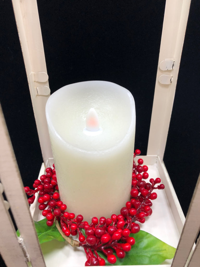 WHITE METAL LED CANDLE LANTERN W/RED BERRIES.