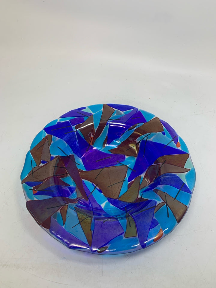RED/COBALT BLUE TRIANGLES BLOWN GLASS BOWL.