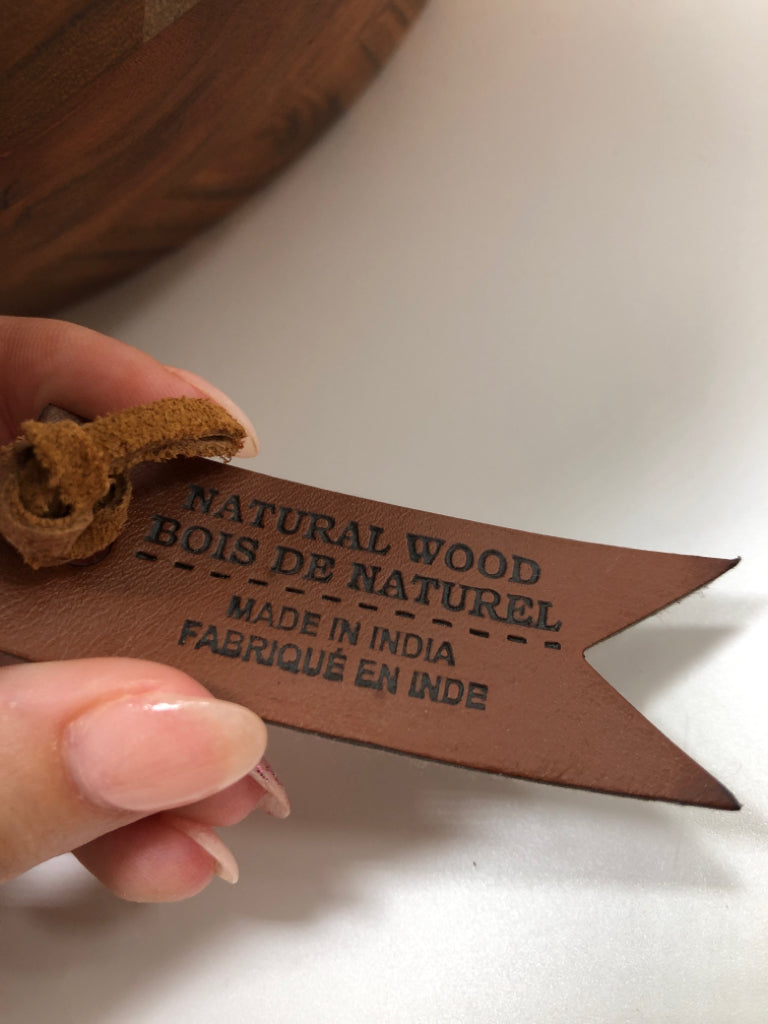 WOODEN SERVING BOWL W/ METAL HANDLES.